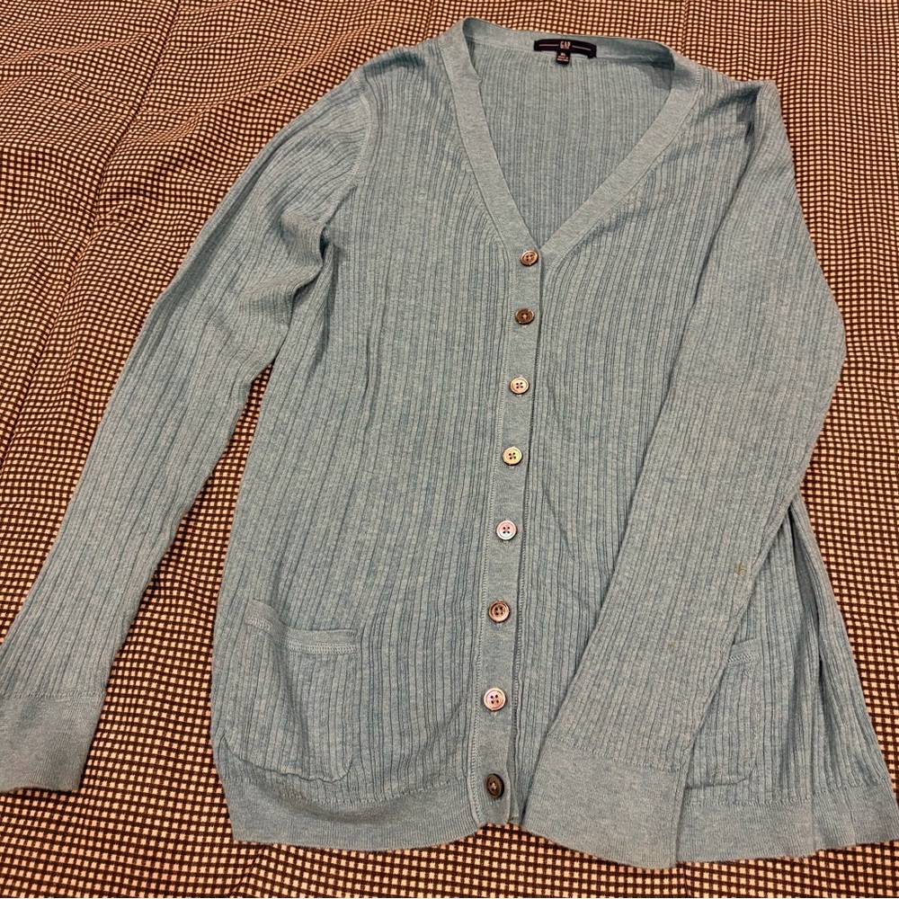 GAP Light Blue Ribbed V-Neck Button Cardigan